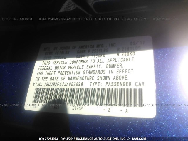 19UUB2F67JA002098 - 2018 ACURA TLX TECH+A/TCH+AR BLUE photo 9