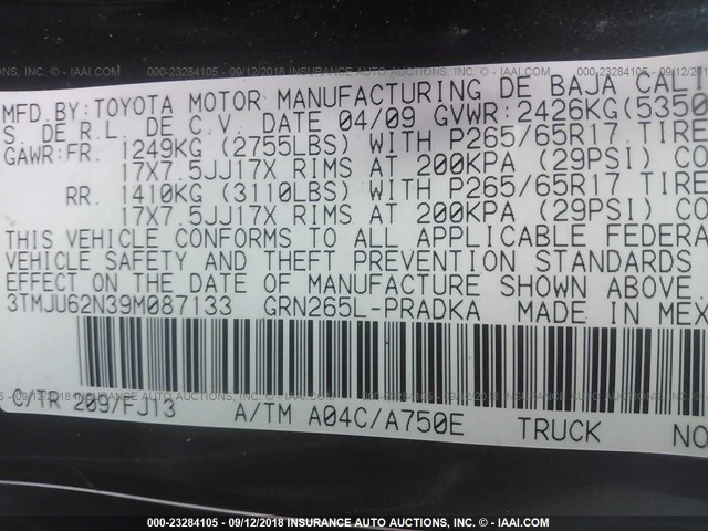 3TMJU62N39M087133 - 2009 TOYOTA TACOMA DOUBLE CAB PRERUNNER BLACK photo 9
