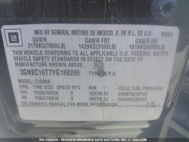 3GNEC16T7YG188289 - 2000 CHEVROLET SUBURBAN C1500 BLACK photo 9