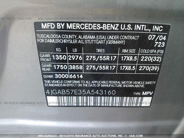 4JGAB57E35A543160 - 2005 MERCEDES-BENZ ML 350 GRAY photo 9