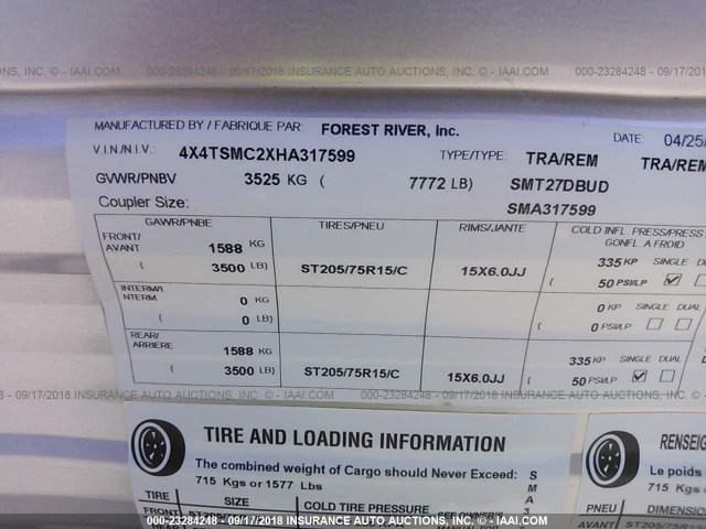 4X4TSMC2XHA317599 - 2017 FOREST RIVER SALEM  黑色 照片 9