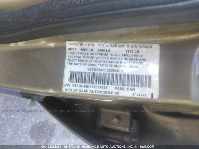 YS3DF55K122004615 - 2002 SAAB 9-3 SE TAN photo 9