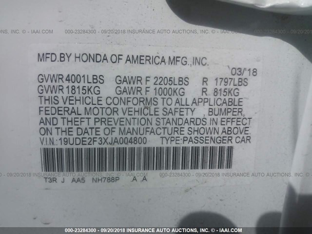 19UDE2F3XJA004800 - 2018 ACURA ILX WATCH PLUS WHITE photo 9