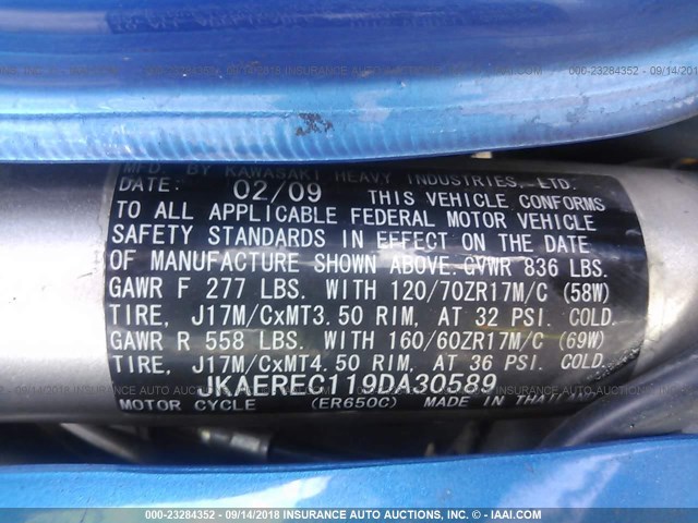 JKAEREC119DA30589 - 2009 KAWASAKI ER650 C BLUE photo 10