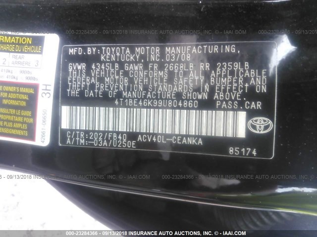 4T1BE46K99U804860 - 2009 TOYOTA CAMRY SE/LE/XLE BLACK photo 9