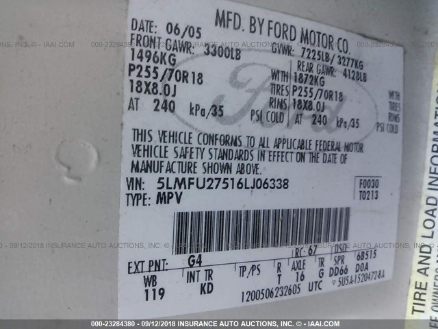 5LMFU27516LJ06338 - 2006 LINCOLN NAVIGATOR Biały zdjęcie 9