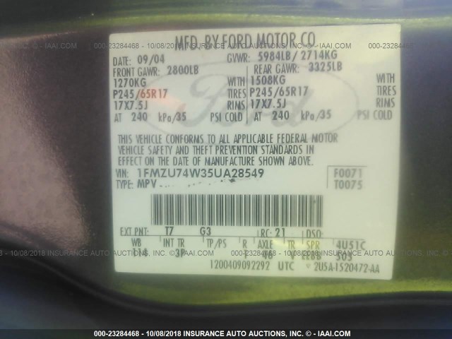 1FMZU74W35UA28549 - 2005 FORD EXPLORER EDDIE BAUER GRAY photo 9