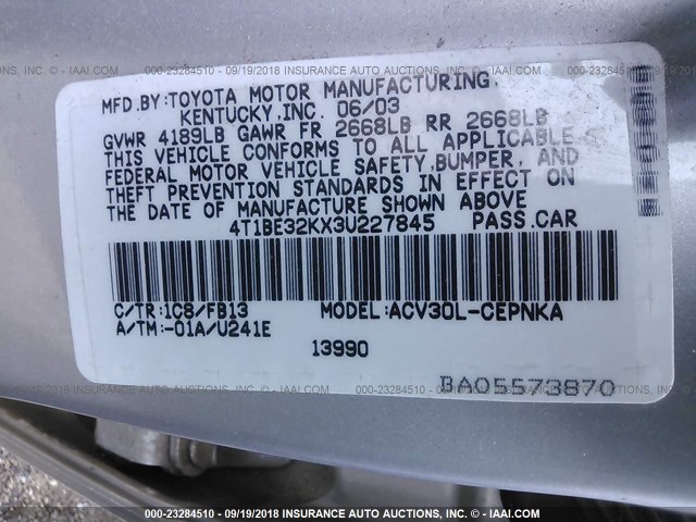 4T1BE32KX3U227845 - 2003 TOYOTA CAMRY LE/XLE/SE Gümüş foto 9