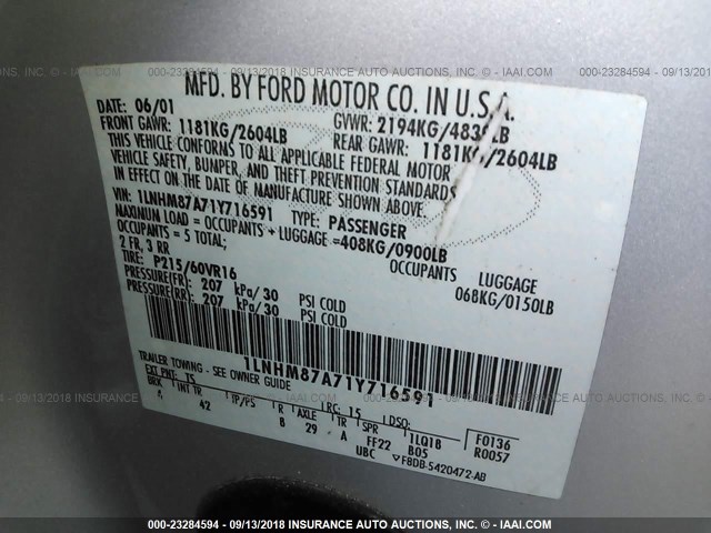 1LNHM87A71Y716591 - 2001 LINCOLN LS 银色 照片 9