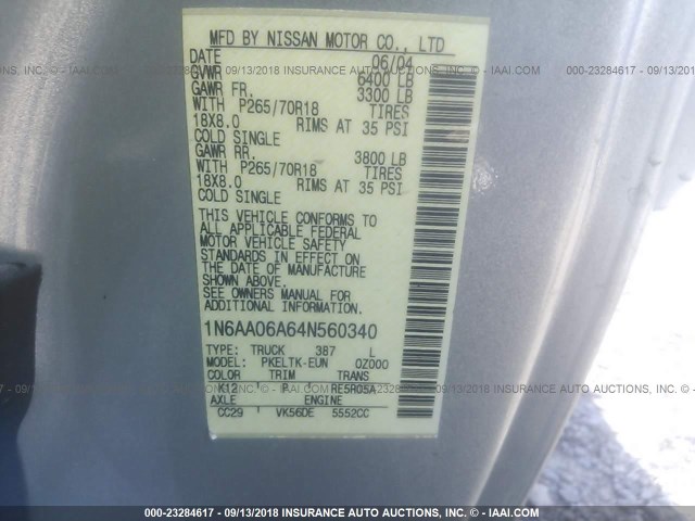 1N6AA06A64N560340 - 2004 NISSAN TITAN XE/SE/LE SILVER photo 9