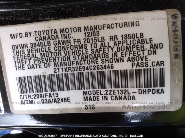 2T1KR32E94C263446 - 2004 TOYOTA COROLLA MATRIX XR BLACK photo 9