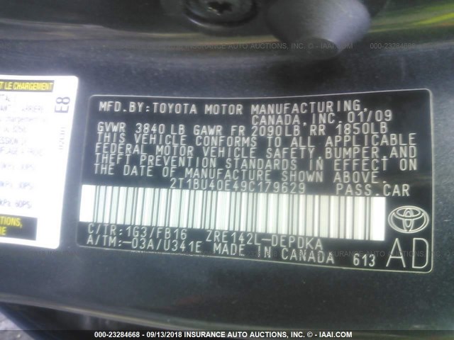 2T1BU40E49C179629 - 2009 TOYOTA COROLLA S/LE/XLE GRAY photo 9