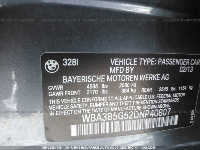 WBA3B5G52DNP40807 - 2013 BMW 328 XI SULEV GRAY photo 9