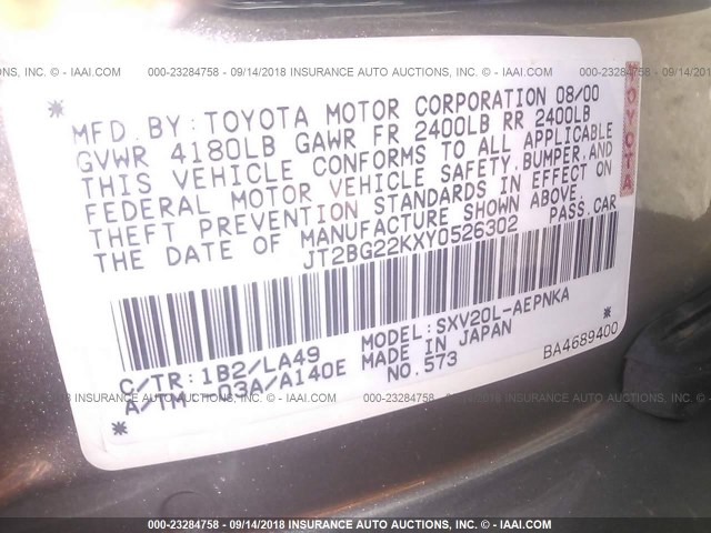 JT2BG22KXY0526302 - 2000 TOYOTA CAMRY CE/LE/XLE BROWN photo 9