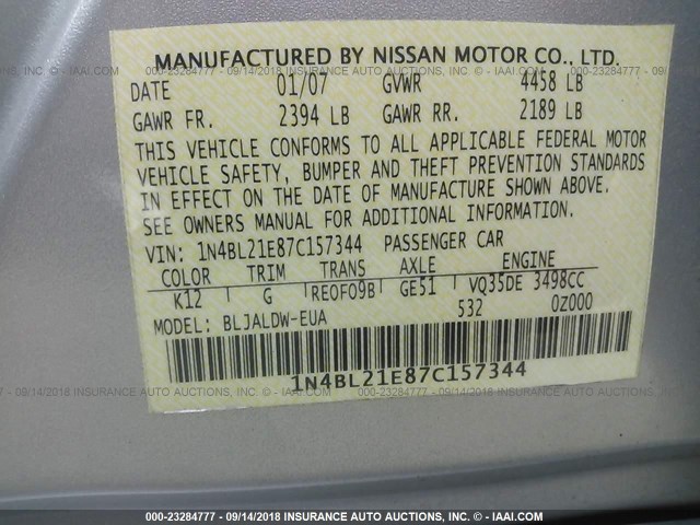 1N4BL21E87C157344 - 2007 NISSAN ALTIMA 3.5SE/3.5SL SILVER photo 9