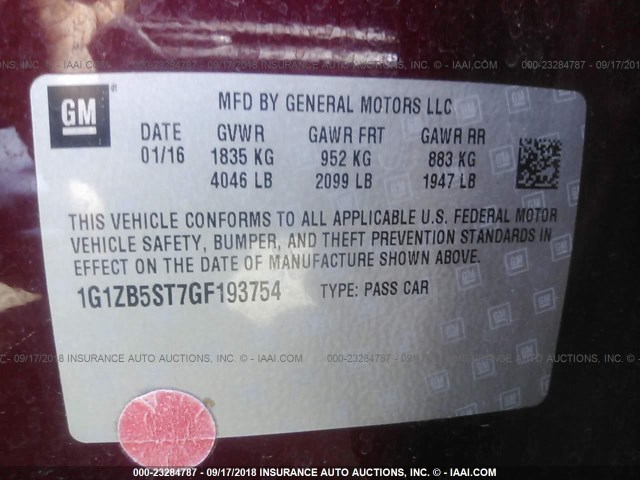 1G1ZB5ST7GF193754 - 2016 CHEVROLET MALIBU LS 栗色 照片 9