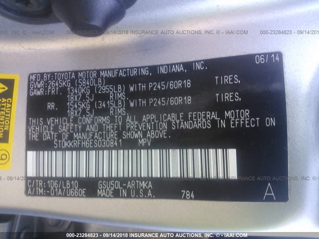 5TDKKRFH6ES030841 - 2014 TOYOTA HIGHLANDER XLE ვერცხლისფერი ფოტო 9