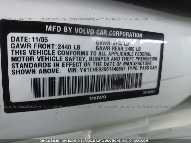 YV1TH592961440657 - 2006 VOLVO S80 2.5T WHITE photo 9