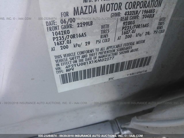 4F2YU081X1KM02277 - 2001 MAZDA TRIBUTE LX/ES 银色 照片 9