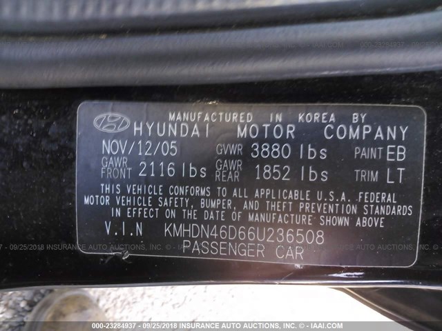 KMHDN46D66U236508 - 2006 HYUNDAI ELANTRA GLS/GT/LIMITED BLACK photo 9