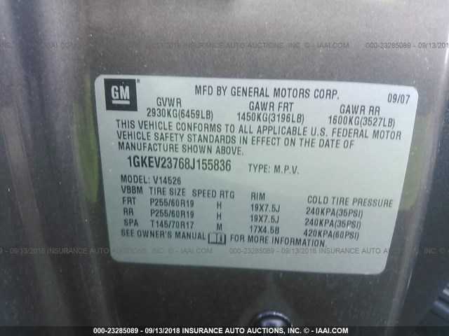 1GKEV23768J155836 - 2008 GMC ACADIA SLT-1 Marrón foto 9