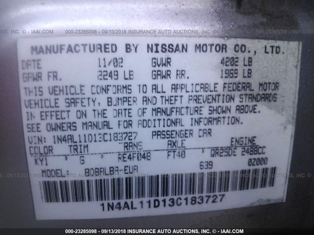 1N4AL11D13C183727 - 2003 NISSAN ALTIMA S/SL SILVER photo 9