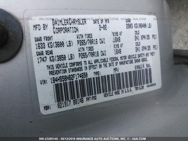 1B4HS58N82F174650 - 2002 DODGE DURANGO SLT PLUS GRAY photo 9