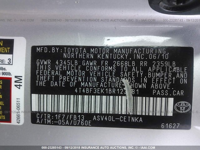 4T4BF3EK1BR123581 - 2011 TOYOTA CAMRY SE/LE/XLE SILVER photo 9