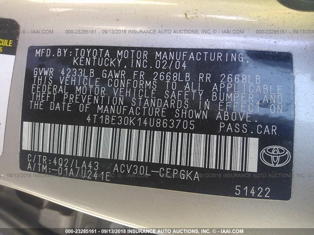 4T1BE30K14U863705 - 2004 TOYOTA CAMRY LE/XLE/SE Алтын фото 9