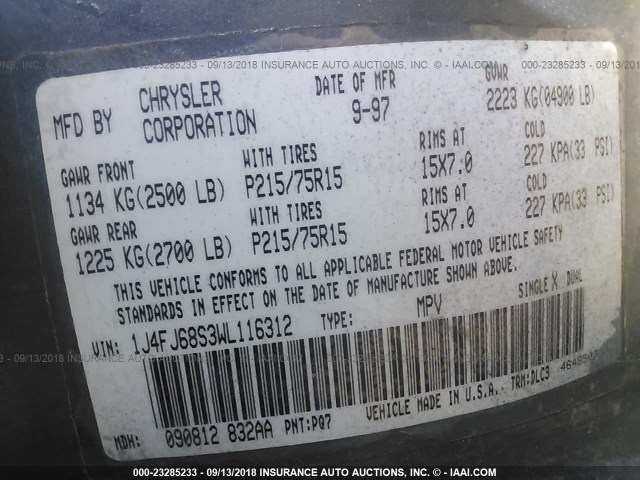 1J4FJ68S3WL116312 - 1998 JEEP CHEROKEE SPORT/CLASSIC ღია ლურჯი ფოტო 9