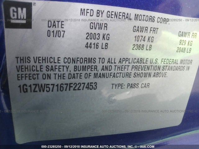 1G1ZW57167F227453 - 2007 CHEVROLET MALIBU SS Mavi foto 9