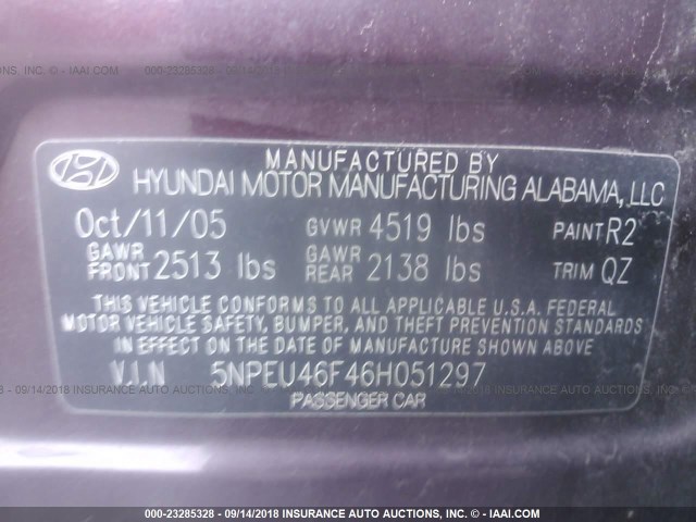 5NPEU46F46H051297 - 2006 HYUNDAI SONATA GLS/LX Tünd qırmızı foto 9