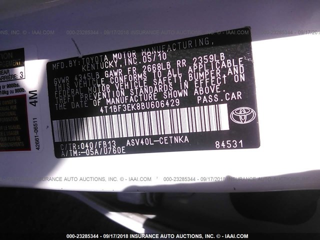 4T1BF3EK8BU606429 - 2011 TOYOTA CAMRY SE/LE/XLE თეთრი ფოტო 9