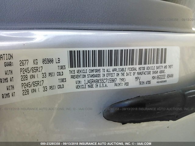 1J4GR48K55C715907 - 2005 JEEP GRAND CHEROKEE LAREDO/COLUMBIA/FREEDOM 银色 照片 9