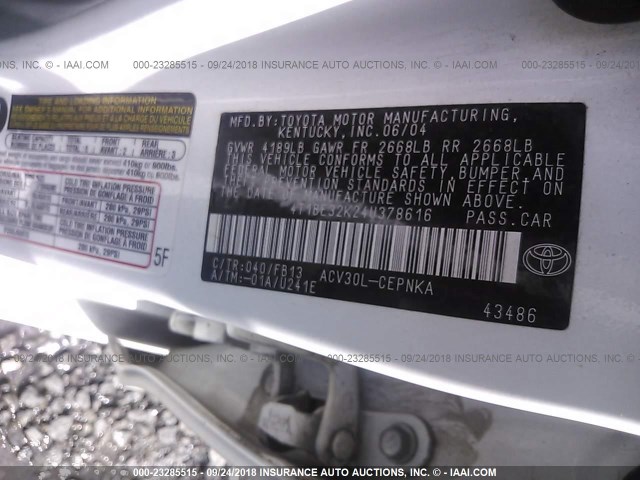 4T1BE32K24U378616 - 2004 TOYOTA CAMRY LE/XLE/SE Ақ фото 9