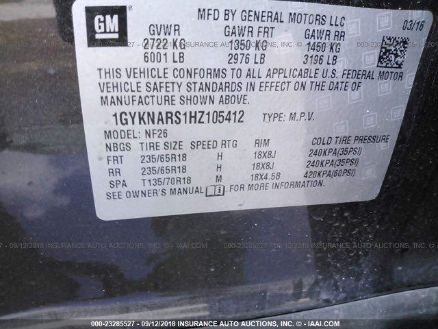 1GYKNARS1HZ105412 - 2017 CADILLAC XT5 GRAY photo 9