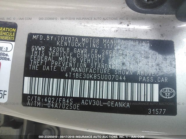 4T1BE30K85U007044 - 2005 TOYOTA CAMRY LE/XLE/SE Қоңыр фото 9