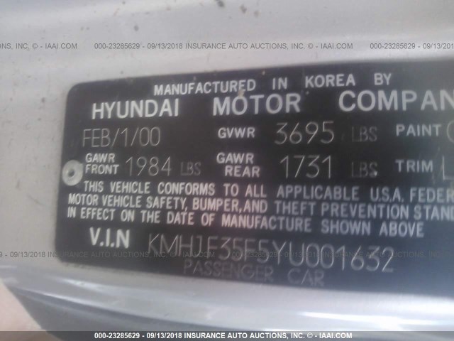 KMHJF35F5YU001632 - 2000 HYUNDAI ELANTRA GLS SILVER photo 9