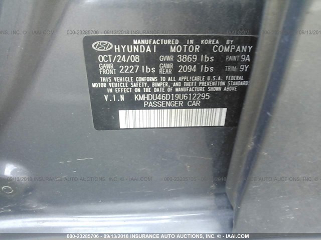 KMHDU46D19U612295 - 2009 HYUNDAI ELANTRA GLS/SE GRAY photo 9