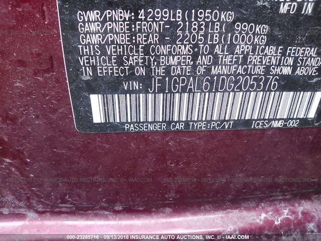 JF1GPAL61DG205376 - 2013 SUBARU IMPREZA SPORT PREMIUM MAROON photo 9