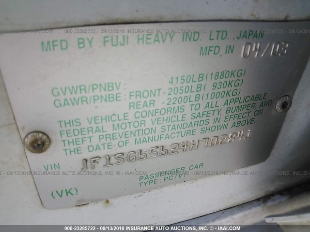 JF1SG65624H702841 - 2004 SUBARU FORESTER 2.5XS Ақ фото 9