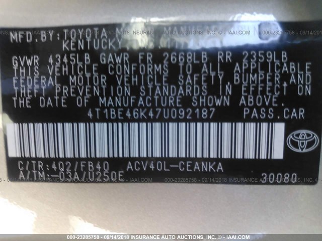 4T1BE46K47U092187 - 2007 TOYOTA CAMRY NEW GENERAT CE/LE/XLE/SE TAN photo 9