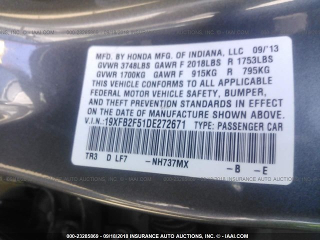 19XFB2F51DE272671 - 2013 HONDA CIVIC LX SILVER photo 9