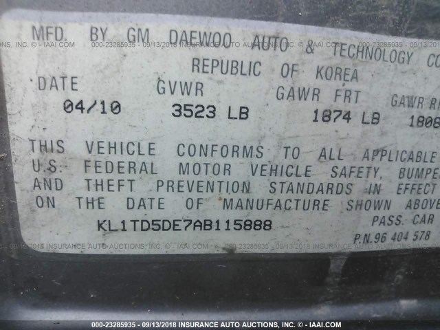 KL1TD5DE7AB115888 - 2010 CHEVROLET AVEO LS/LT 灰色 照片 9