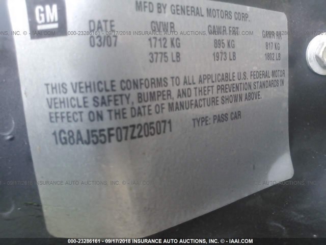 1G8AJ55F07Z205071 - 2007 SATURN ION LEVEL 2 银色 照片 9