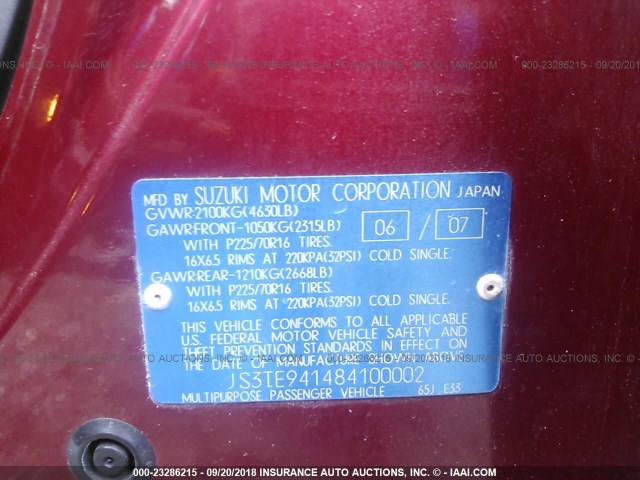 JS3TE941484100002 - 2008 SUZUKI GRAND VITARA  MAROON photo 9