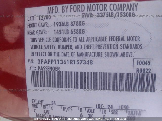 3FAFP11361R157348 - 2001 FORD ESCORT ZX2 RED photo 9