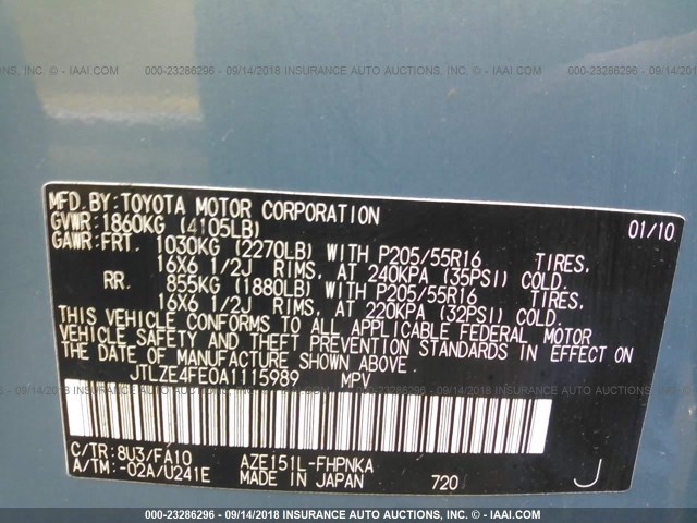 JTLZE4FE0A1115989 - 2010 TOYOTA SCION XB Azul foto 9