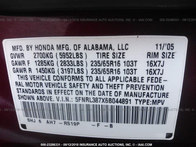 5FNRL387X6B044891 - 2006 HONDA ODYSSEY EXL MAROON photo 9