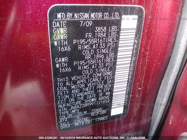 JN8AZ28R99T121652 - 2009 NISSAN CUBE S/SL RED photo 9